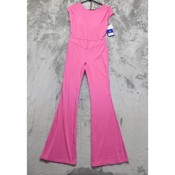 NEW Joy Lab Jumpsuit Womens M Pink Stretch Knit Low Back Flare Active Bodysuit - Picture 1 of 14